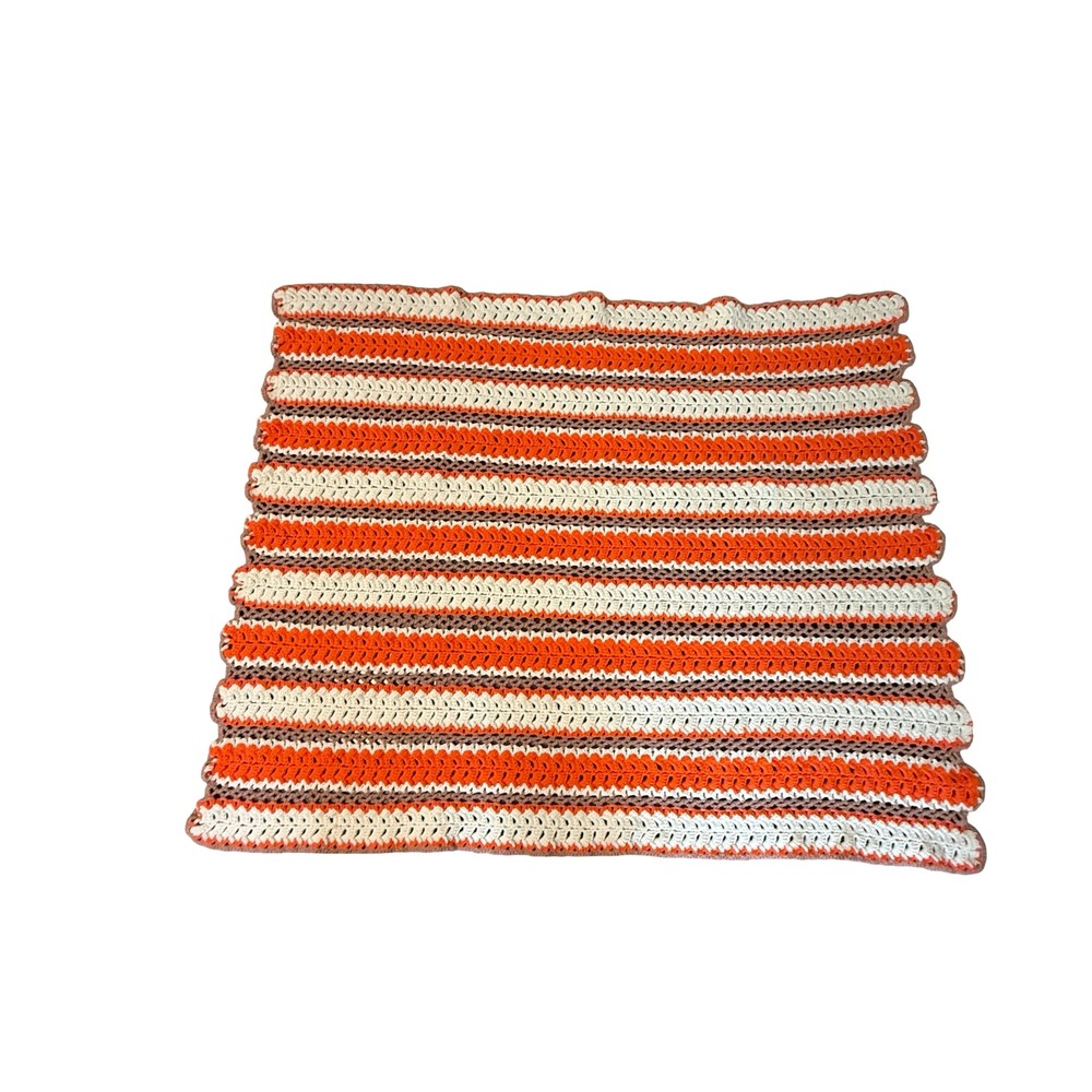 VTG Handmade Crochet Afghan Blanket Orange Cream Striped Scalloped Throw 50x40
